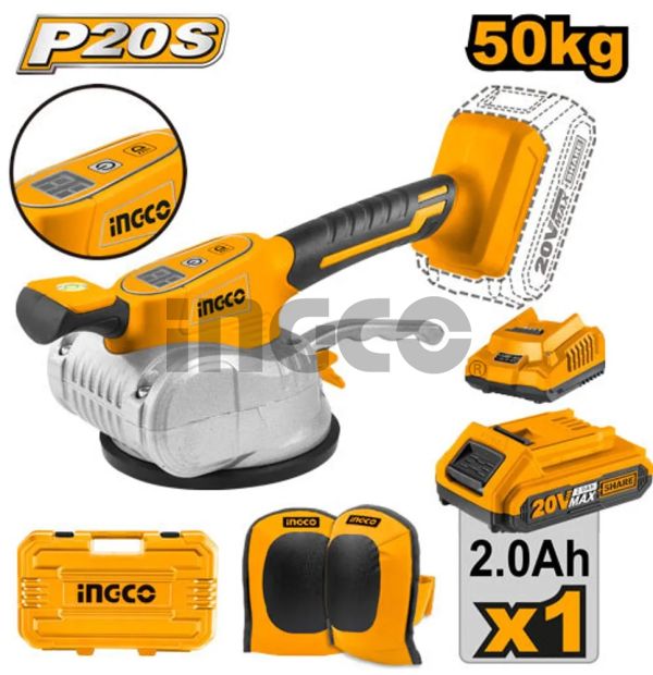 INGCO Машина аккумуляторная вибрационная для плитки 20W Li-ion/ Ø присоски 125мм/ 1x2 Ач