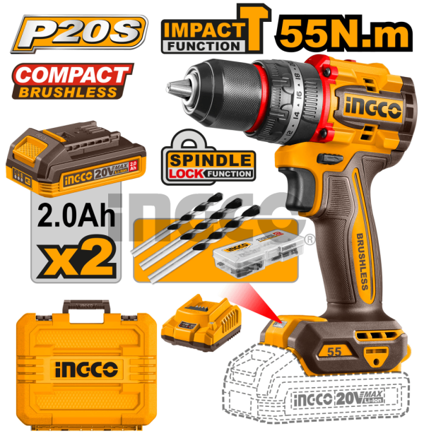INGCO Дрель аккумуляторная ударная Li-Ion  INDUSTRIAL 20W 2Ач 2шт/55 Нм/ 22+1+1