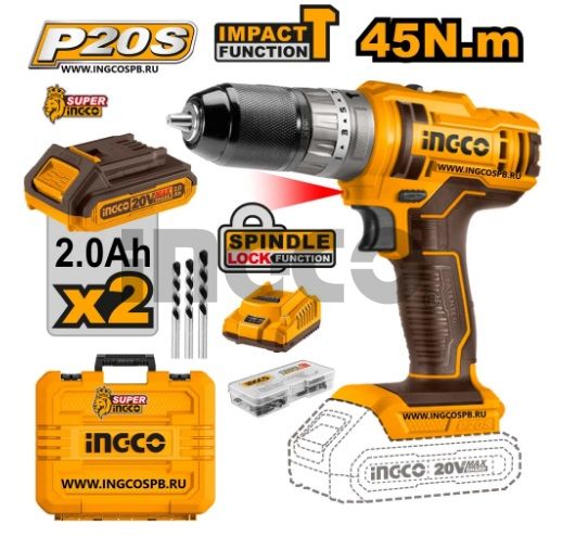 INGCO Дрель-шуруповерт аккумуляторная ударная Li-Ion  INDUSTRIAL 20W 2Ачх2шт/45 Нм/ 18+1+1