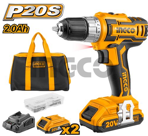 INGCO Дрель-шуруповерт аккумуляторная безударная Li-Ion INDUSTRIAL 20W 2Ач 2шт /45 Нм/15+1