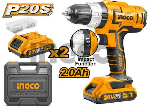 INGCO Дрель-шуруповерт аккумуляторная ударная Li-Ion  INDUSTRIAL 20W 2Ач 2шт/55 Нм/ 23+1+1