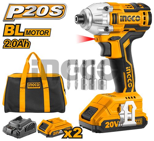 INGCO Шуруповерт аккумуляторный бесщеточный ударный Li-Ion  INDUSTRIAL 20W 2Ач 2шт/170 Нм
