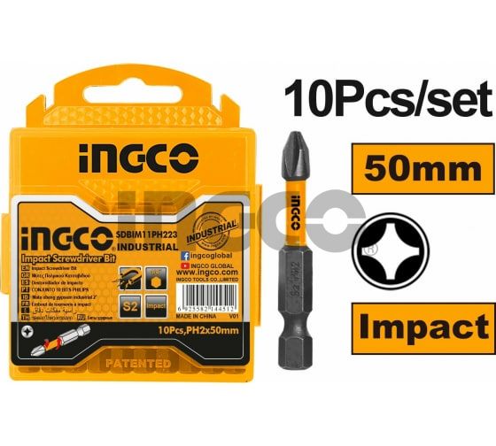 INGCO Биты ударные INDUSTRIAL IMPACT РН2х50мм 10 шт