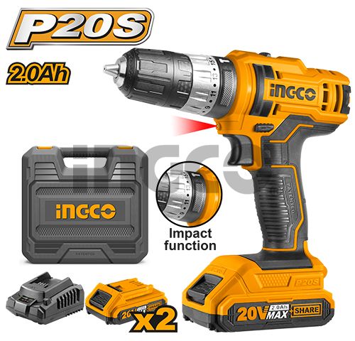 INGCO Дрель аккумуляторная ударная SUPER INDUSTRIAL Li-Ion 20W 2Ач 2шт/76 Нм/ 22+1+1