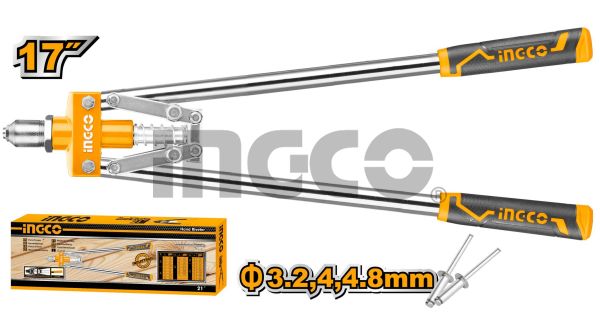 INGCO Заклепочник 420 мм/ Применимые заклёпки: 3.2, 4, 4.8 мм
