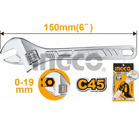INGCO Ключ разводной 150 мм/ Регулируемый размер зева: 0-19.2 мм