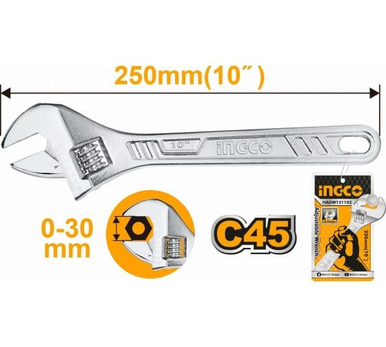INGCO Ключ разводной 250 мм/ Регулируемый размер зева: 0-30 мм