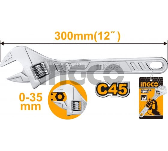 INGCO Ключ разводной 300 мм/ Регулируемый размер зева: 0-35 мм