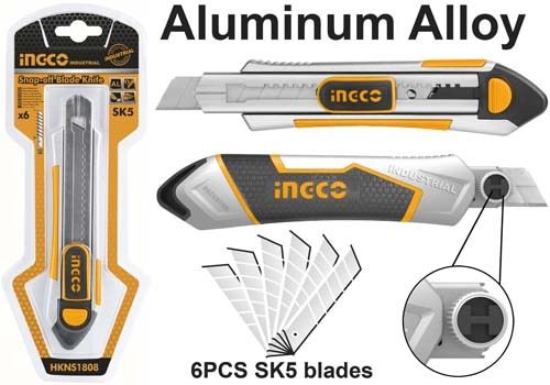 INGCO Нож строительный INDUSTRIAL 18х100 мм/ в комплекте 6 лезвий SK5