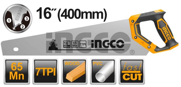 INGCO Ножовка по дереву INDUSTRIAL 400мм 65Мн 7TPI