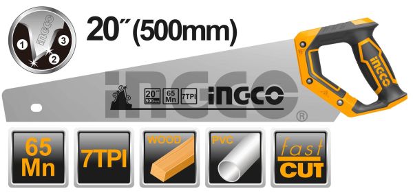 INGCO Ножовка по дереву INDUSTRIAL 500мм 65Мн 7TPI