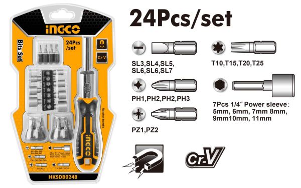 INGCO Отвертка реверсивная с набором бит и держателем 24 в 1