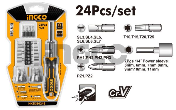 INGCO Отвертка реверсивная с набором бит и держателем 24 в 1