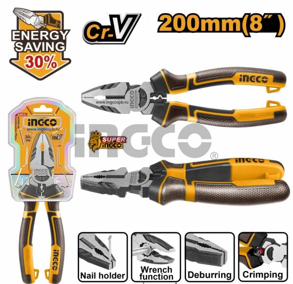 INGCO Плоскогубцы комбинированные с увеличенным рычагом INDUSTRIAL 200мм 8"