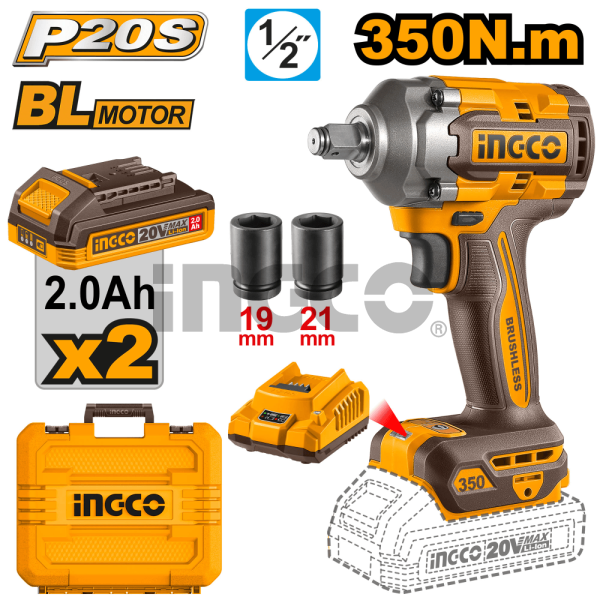 INGCO Гайковерт аккумуляторный бесщеточный ударный Li-Ion 20W INDUSTRIAL 20W 2Ач 2шт/350 Нм