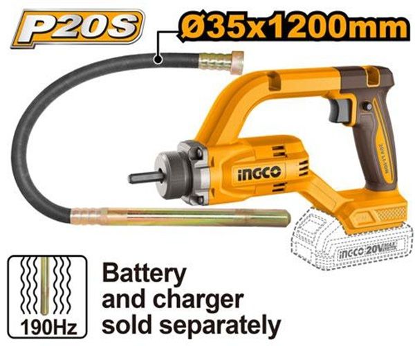 INGCO Вибратор для бетона аккумуляторный 20W Li-Ion SOLO/ 2500 об/мин, булава Ø35x1200 мм