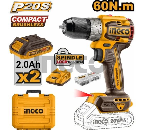 INGCO Дрель-шуруповерт аккумуляторная безударная Li-Ion INDUSTRIAL 20W 2Ач 2шт /60Нм/22+1