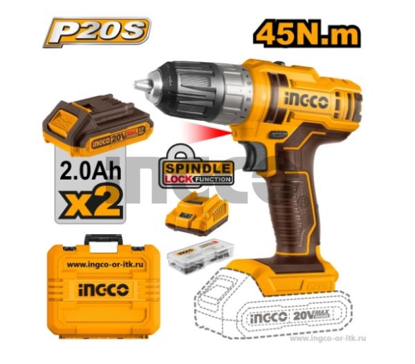 INGCO Дрель-шуруповерт аккумуляторная безударная Li-Ion INDUSTRIAL 20W 2Ач 2шт /45Нм/15+1