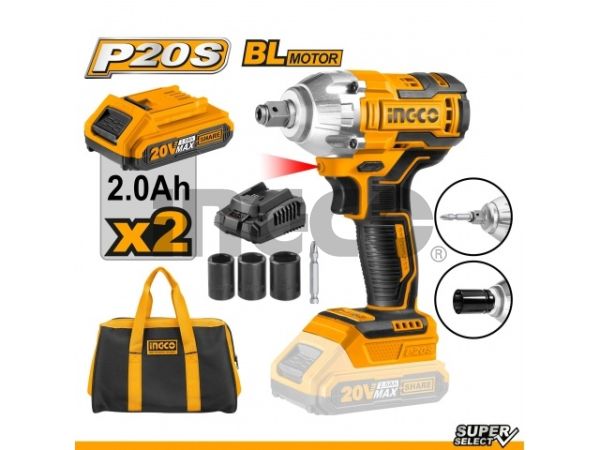 INGCO Гайковерт-импакт аккумуляторный бесщеточный ударный Li-Ion 20W 2Ач 2шт/ 220 Нм
