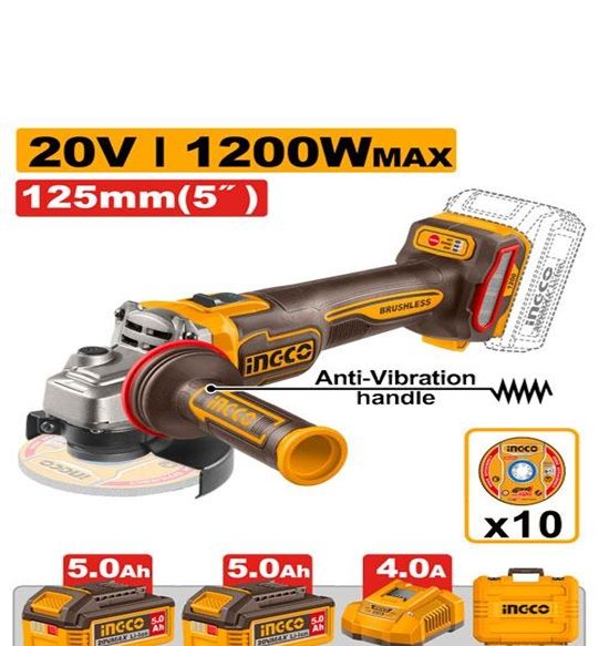 INGCO Машина углошлифовальная аккумуляторная SUPER INDUSTRIAL Li-Ion 20W 5Ач 2 шт/ Ø диска 125мм