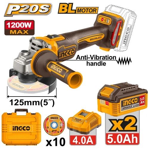 INGCO Машина углошлифовальная аккумуляторная SUPER INDUSTRIAL Li-Ion 20W 5Ач 2 шт/ Ø диска 125мм