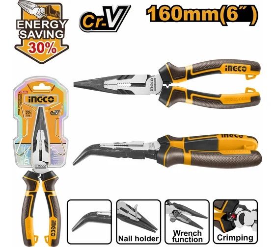 INGCO Тонкогубцы изогнутые с увеличенным рычагом INDUSTRIAL 160мм 6"