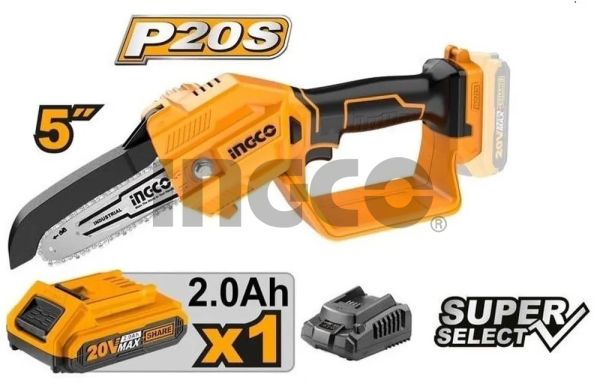 INGCO Пила аккумуляторная мини цепная  20W Li-ion/ длина стержня 13 см/ 1x2 Ач