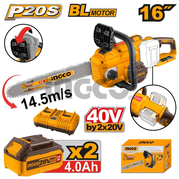 INGCO Пила аккумуляторная цепная бесщеточная INDUSTRIAL 20W Li-ion/ длина стержня 40 см/ 2x4 Ач