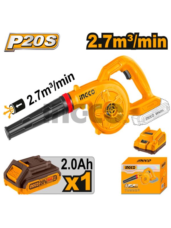 INGCO Воздуходувка аккумуляторная Li-Ion 20W 1x2 Ач/ Макс. объем воздуха: 2,7 м³/мин.