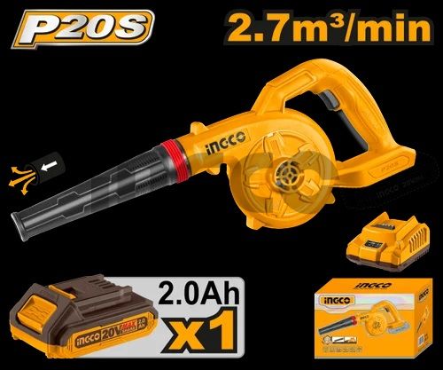 INGCO Воздуходувка аккумуляторная Li-Ion 20W 1x2 Ач/ Макс. объем воздуха: 2,7 м³/мин.