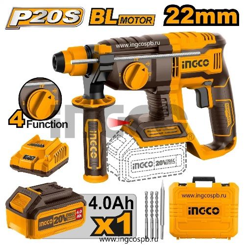 INGCO Перфоратор аккумуляторный бесщеточный INDUSTRIAL 20W Li-ion/ SDS-Plus/ 2.0 Дж/ 1x4 Ач