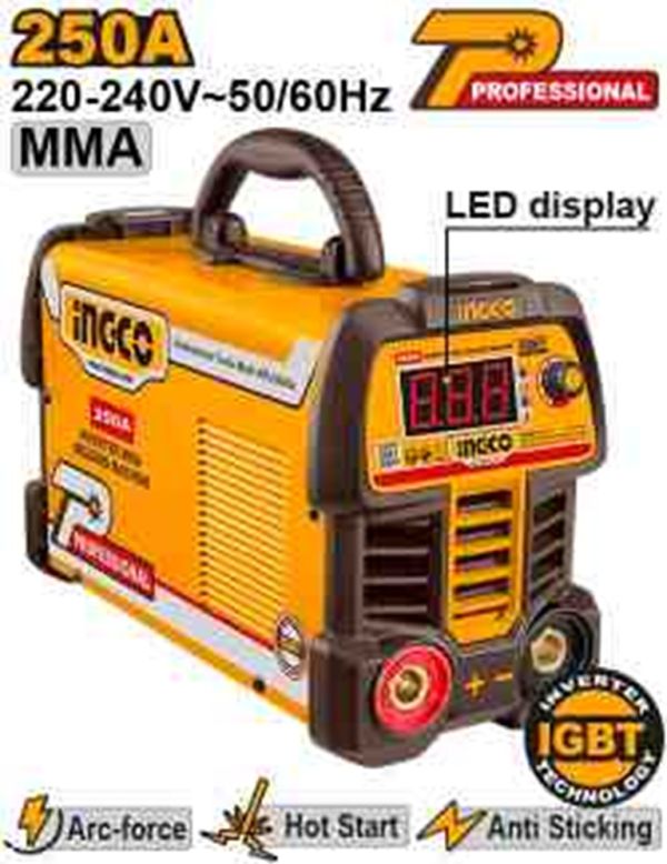 INGCO Аппарат сварочный инверторный INDUSTRIAL MMA 250А IGBT/ Ø электрода 1.6-5мм/ ЖК дисплей