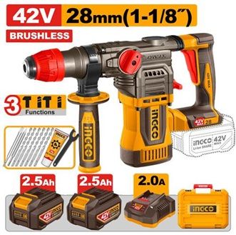 INGCO Перфоратор аккумуляторный бесщеточный SUPER INDUSTRIAL 42Vmax/ SDS-Plus/ 4.5 Дж/ 2x2,5 Ач