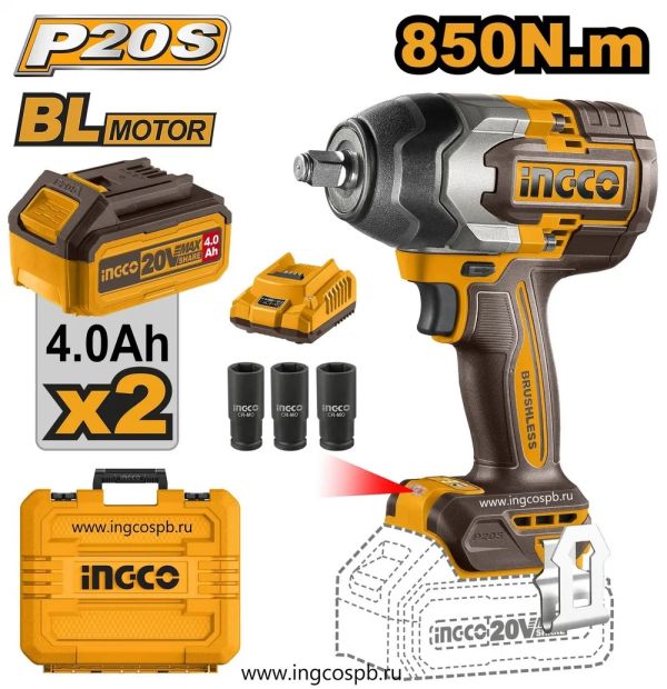 INGCO Гайковерт аккумуляторный бесщеточный ударный Li-Ion  20W SUPER INDUSTRIAL 20W 4Ач 2шт/850 Нм