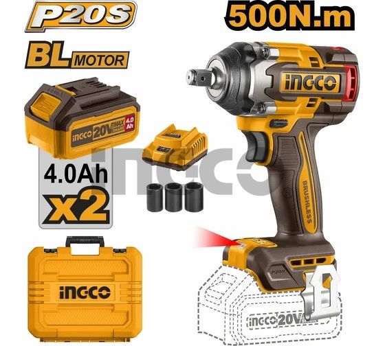 INGCO Гайковерт аккумуляторный бесщеточный ударный Li-Ion  20W INDUSTRIAL 20W 4Ач 2шт/500 Нм