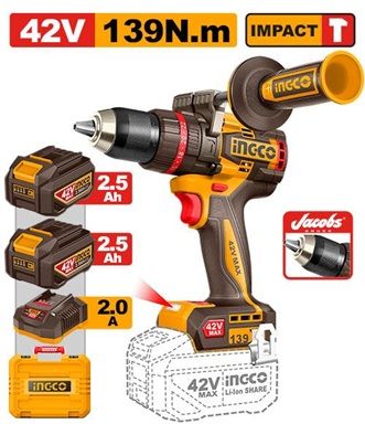 INGCO Дрель аккумуляторная ударная SUPER INDUSTRIAL Li-Ion 42Vmax 2Ач 2шт/139 Нм/ 22+1+1