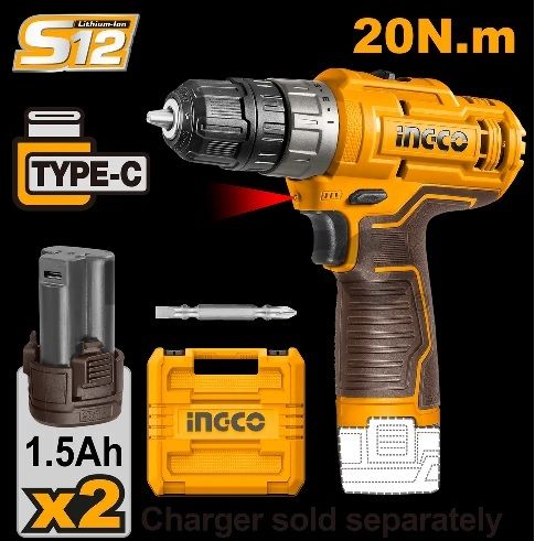 INGCO Дрель аккумуляторная Li-Ion 12W 1,5Ач 2шт/ 20 Нм/ 15+1/ USB type-C