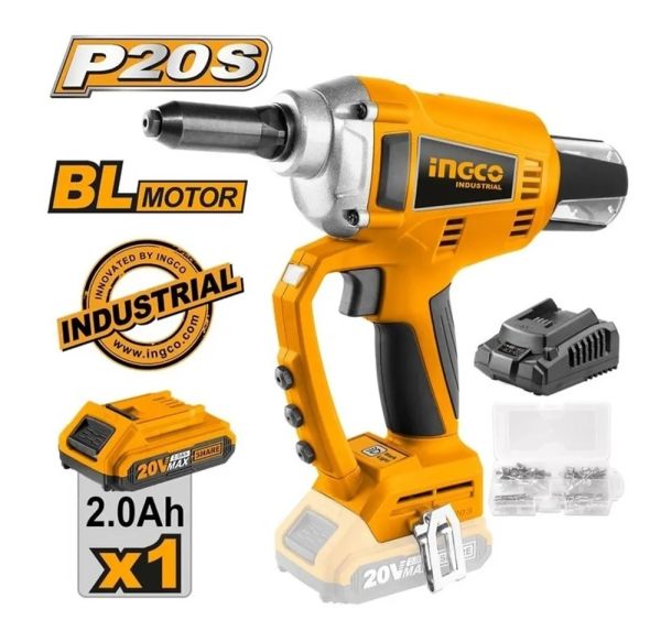 INGCO Заклепочник аккумуляторный INDUSTRIAL Li-Ion 20W Бесщеточный двигатель/ 1х2,0 Ач