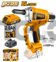 INGCO Заклепочник аккумуляторный INDUSTRIAL Li-Ion 20W Бесщеточный двигатель/ 1х2,0 Ач