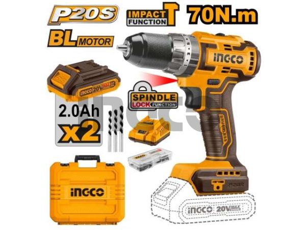 INGCO Шуруповерт аккумуляторный бесщеточный ударный Li-Ion  INDUSTRIAL 20W 2Ач 2шт/70 Нм/ 23+1+1