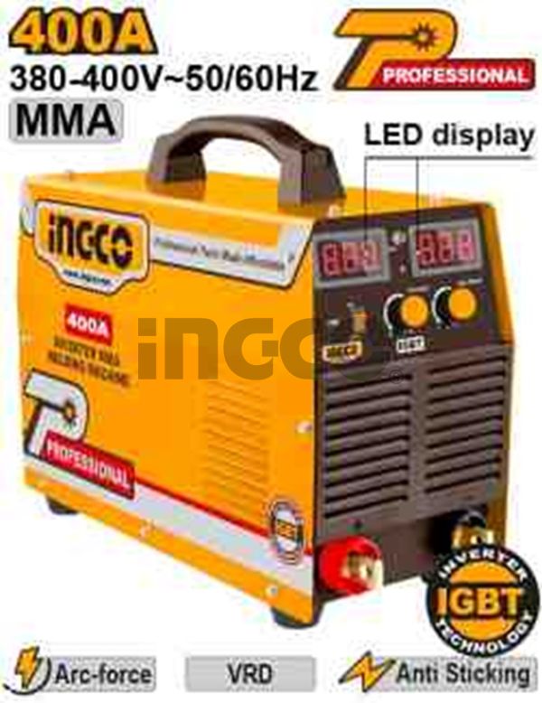 INGCO Аппарат сварочный инверторный INDUSTRIAL MMA 400А IGBT 380В/ Ø электрода 2,5-5,0мм/ ЖК дисплей