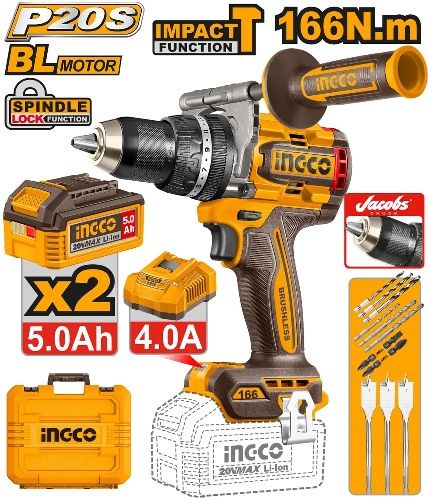 INGCO Дрель аккумуляторная ударная SUPER INDUSTRIAL Li-Ion 20W 5Ач 2шт/166 Нм/ 23+1+1
