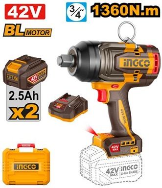 INGCO Гайковерт аккумуляторный бесщеточный ударный Li-Ion SUPER INDUSTRIAL 42Vmax 2.5Ач 2шт/1360 Нм