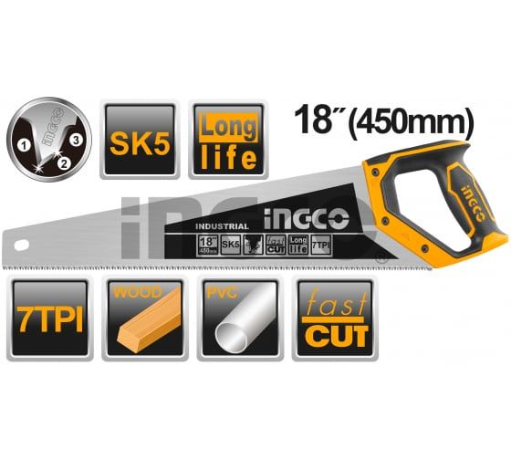 INGCO Ножовка по дереву INDUSTRIAL 450мм SK5 7TPI