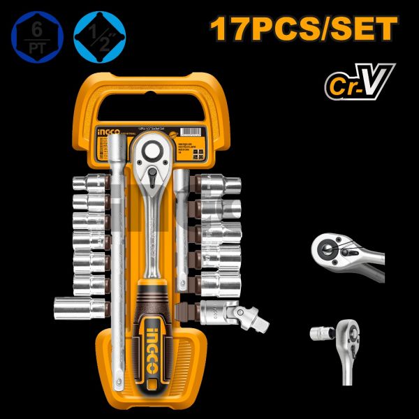INGCO Набор головок с трещоткой INDUSTRIAL 17 шт 1/2"