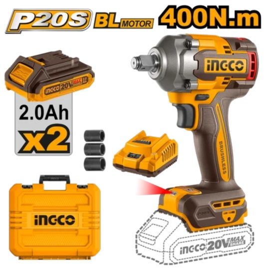 INGCO Гайковерт аккумуляторный бесщеточный ударный Li-Ion 20W INDUSTRIAL 20W 2Ач 2шт/400 Нм