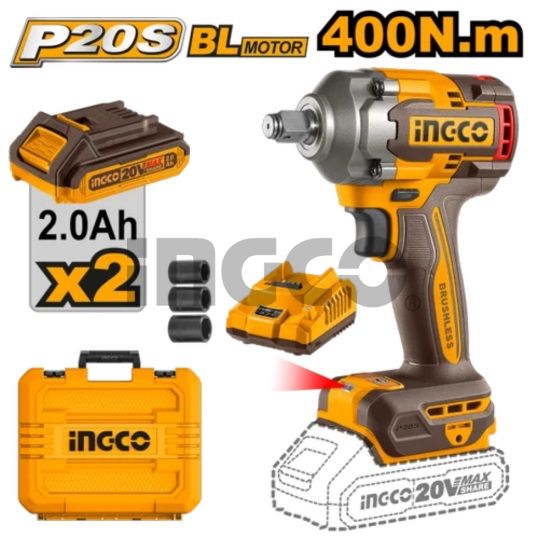 INGCO Гайковерт аккумуляторный бесщеточный ударный Li-Ion 20W INDUSTRIAL 20W 2Ач 2шт/400 Нм