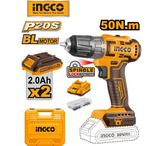 INGCO Дрель-шуруповерт аккумуляторная безударная Li-Ion INDUSTRIAL 20W 2Ач 2шт /50Нм/15+1