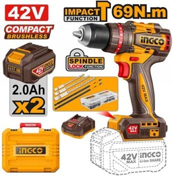 INGCO Дрель аккумуляторная ударная SUPER INDUSTRIAL Li-Ion 42Vmax 2Ач 2шт/69 Нм/ 22+1+1