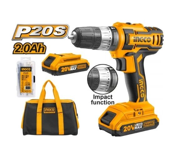 INGCO Шуруповерт аккумуляторный ударный Li-Ion 20W 2Ач 2шт 45 Нм 18+1+1